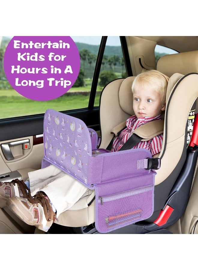 MENZOKE Car Seat Tray for Kids Travel, Car Seat Activity Trays with Educational Drawing Board, Tablet Holder & Cooler Cup Holder, Holiday Gifts for Kids Car Trip, Purple - Image 2